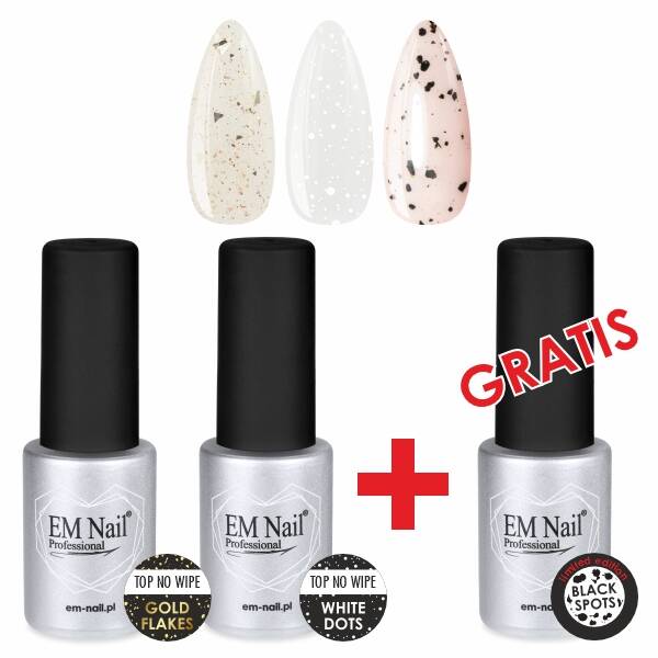 EM Nail Set 2x Top No Wipe White Dots, Gold Flakes + Black Spots  Top 6 ml